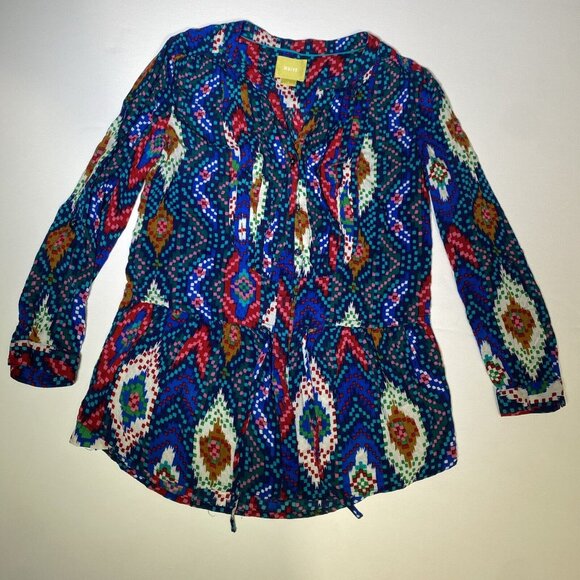 Maeve Anthropologie Topoxte Geometric Ikat Button Front Blouse Shirt Size 0 Blue - Picture 3 of 13
